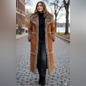 Chestnut Long Faux-Shearling Trim Coat - Women's